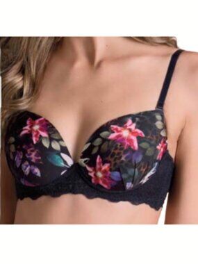 Laura Colombian Lingerie Wired‎ Bra 36B Black Floral Natural Enhancer Mesh Sheer